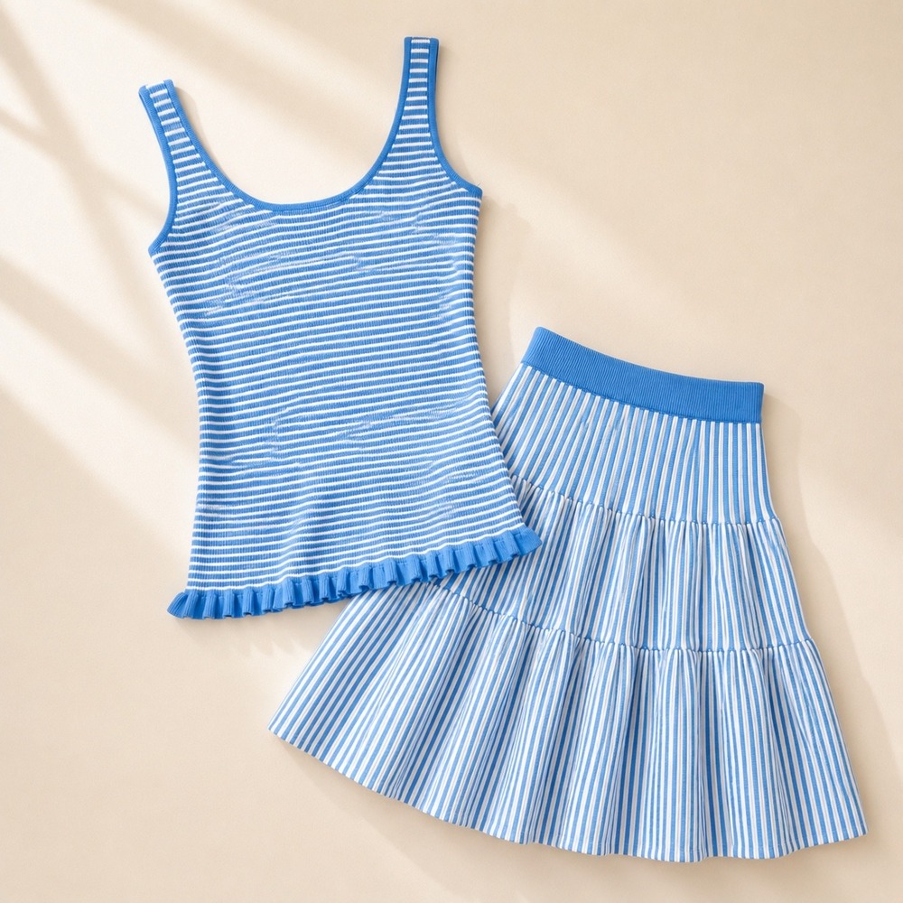Free Assembly Blue White Striped Knit Tank Ruffle Top Tiered Mini Skirt Set‎ S - Picture 3 of 5